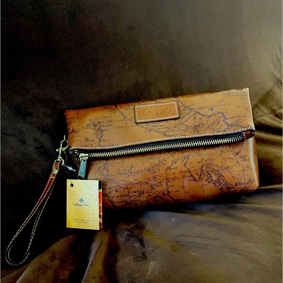 Patricia Nash Brown Map Print Leather Clutch 10 X 6 - Picture 1 of 14